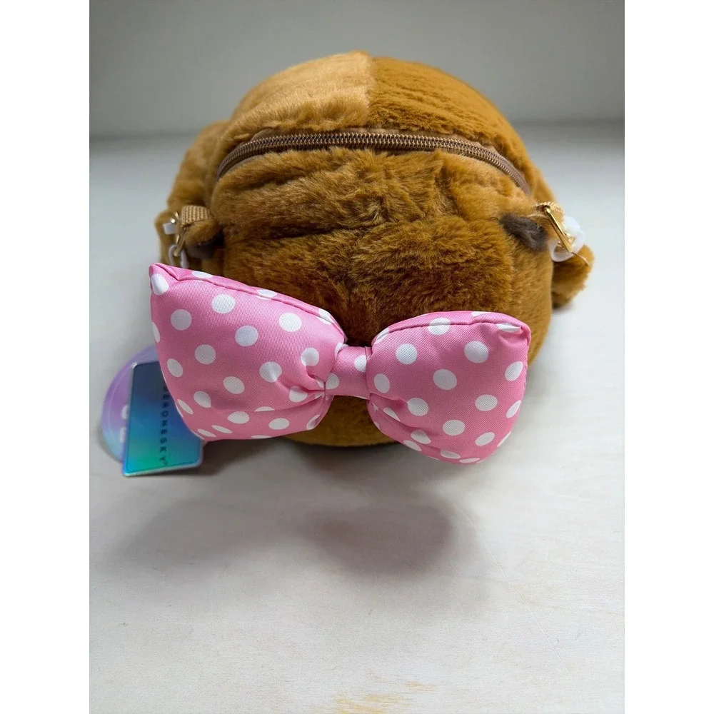 Under One Sky Plush Capybara Backpack Brown Faux Fur Pink Polka Dot Bow NWT